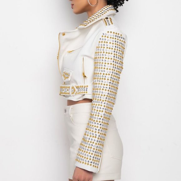 Callie Lives White Gold Azalea Wang Ivory l Studded Rhinestone Moto Jacket Large - Picture 8 of 8
